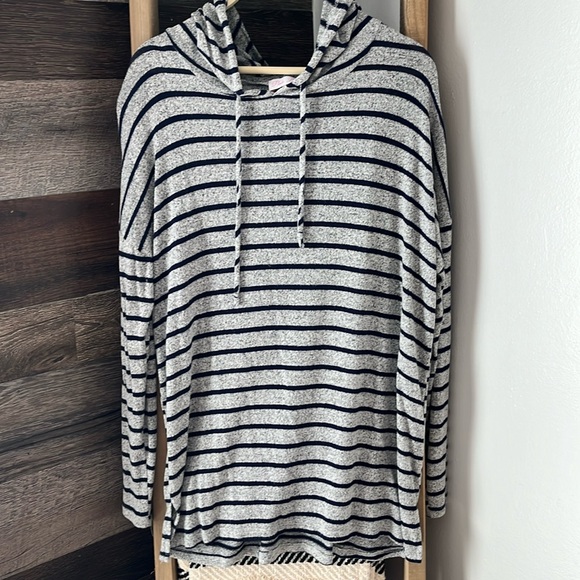 Pink Lili Lightweight Cozy Striped Hacci Hoodie Gray Blue Oversized - Picture 1 of 4